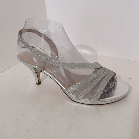 J  Miller Silver  Fairy Core Glitter Strappy Sling Back Y2K Wedding Heels size 8 - Picture 1 of 6